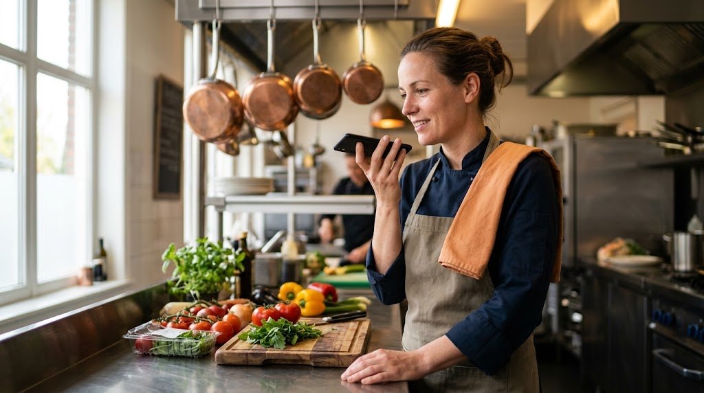 Een chef staat in haar restaurantkeuken en spreekt glimlachend een spraakbericht in op haar telefoon.